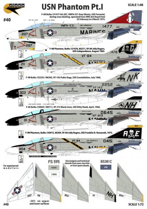 Phantom Collection Pt.I - F-4B/G/N, 5 marking option: VMFA-531,VF-84 x 2, VF-143, VF-213. No stencils and Insignia