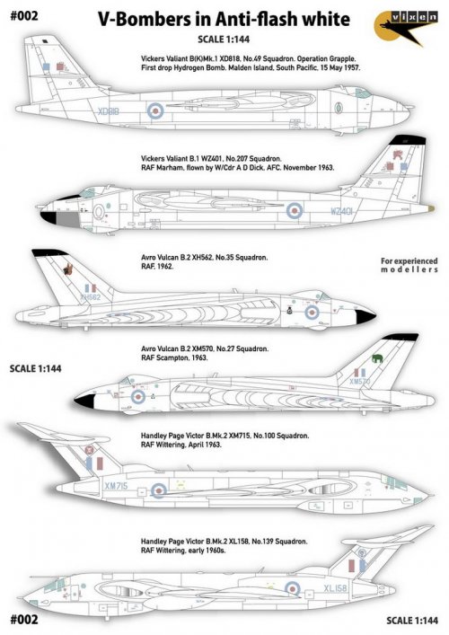 V-Bombers in Anti-flash white. Vickers Valiant, Avro Vulcan, Handley-Page Victor. 6 Markings.