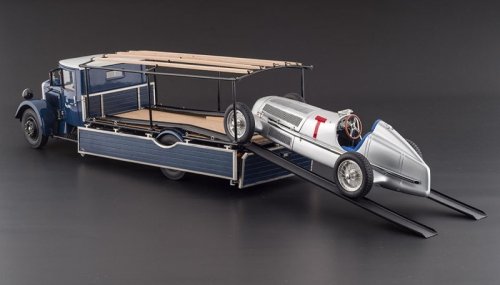 Mercedes Racing Car Transporter LO 2750 1934 + Mercedes W25 T-Car 1934 Silver (CMC Bundle) Limited Edition 1000 pcs.